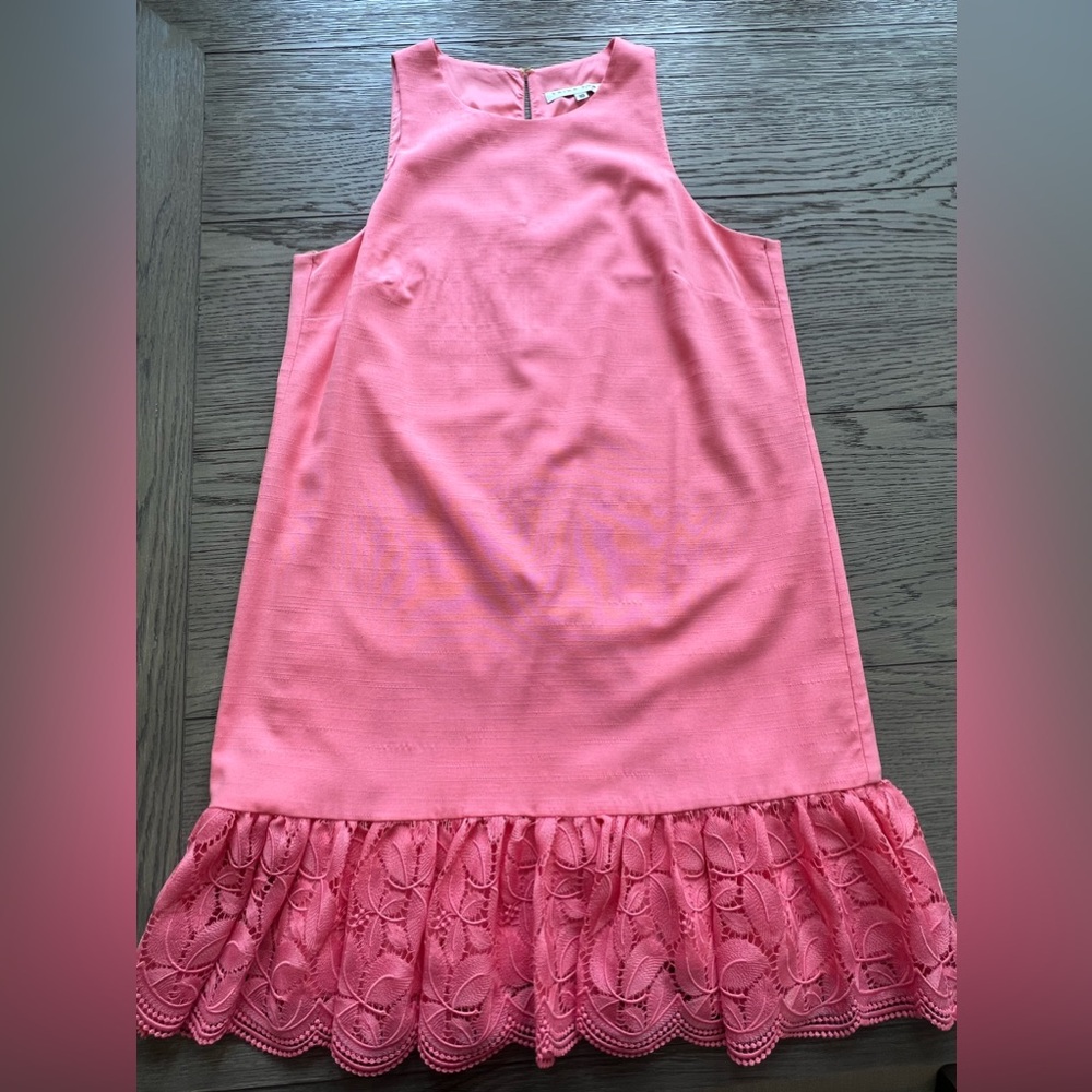 Trina Turk Coral-Pink Sleeveless Mini Dress with Lace Ruffle Hem